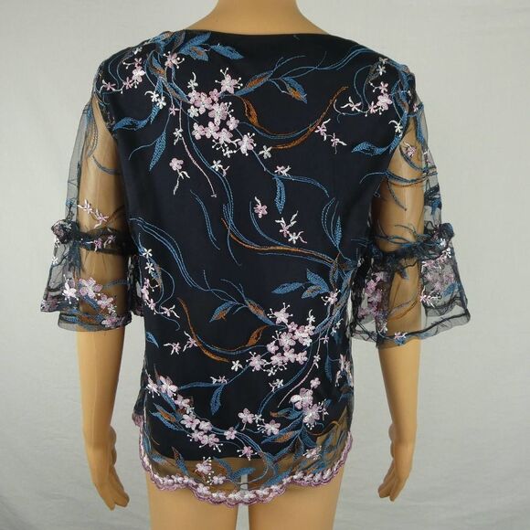 Nanette Lepore Floral Embroidery Embroidered Sheer Overlay Lined Blouse Navy Sm - Picture 10 of 10